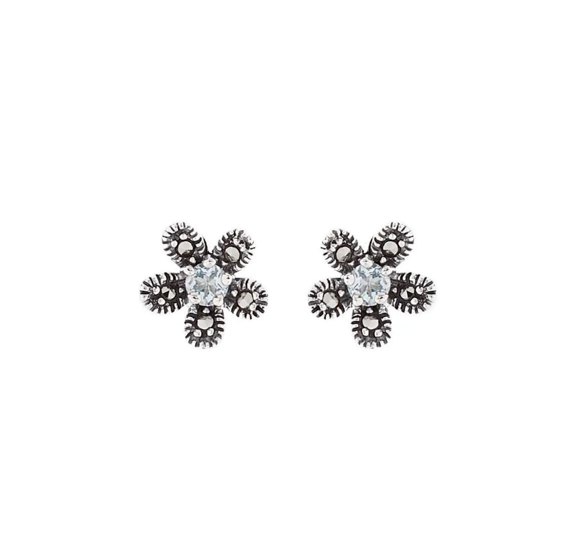Flower Stud Earrings in Blue Topaz, Marcasite and Sterling Silver