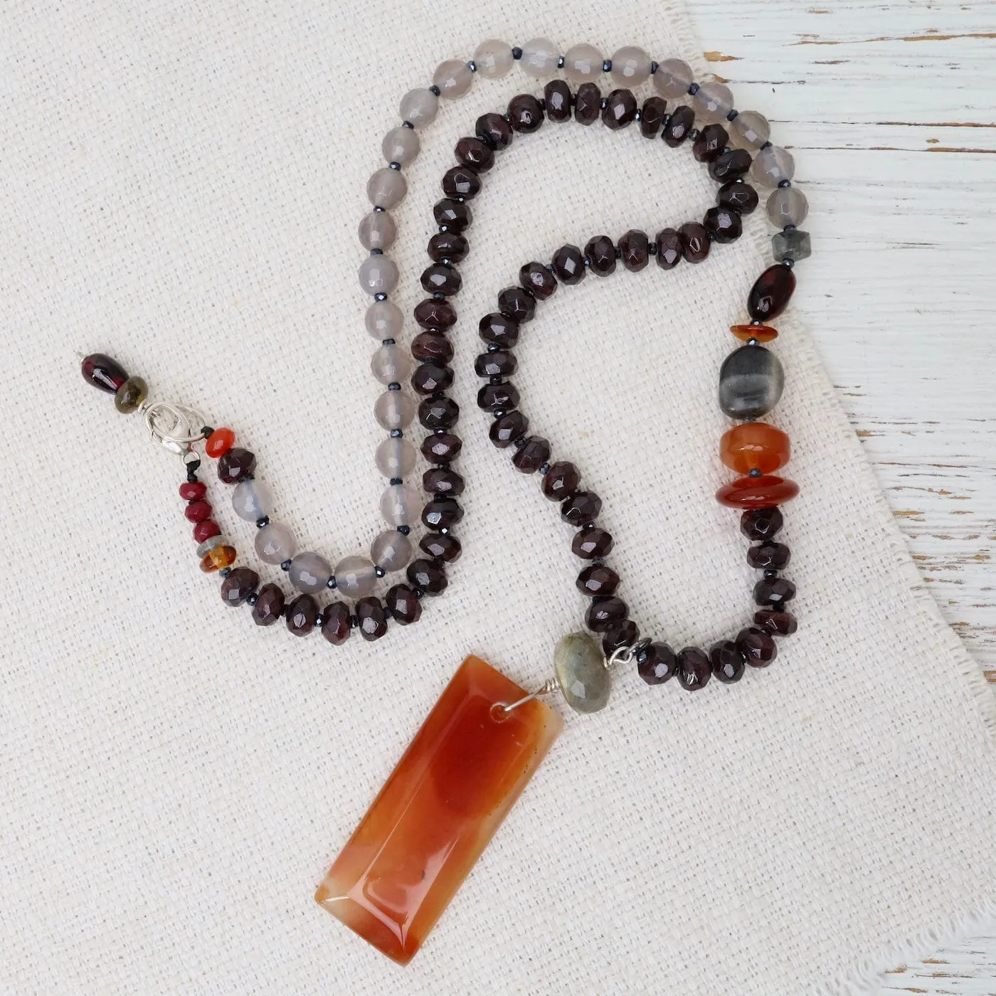 Garnet & Grey Onyx with Carnelian Pendant Necklace
