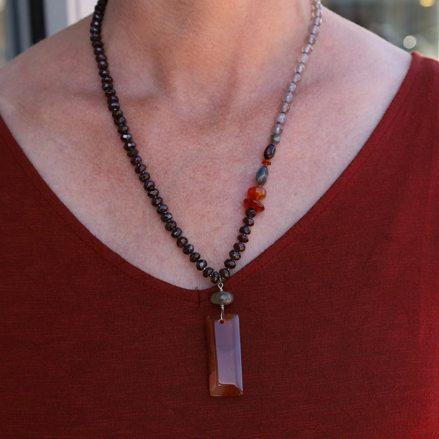 Garnet & Grey Onyx with Carnelian Pendant Necklace