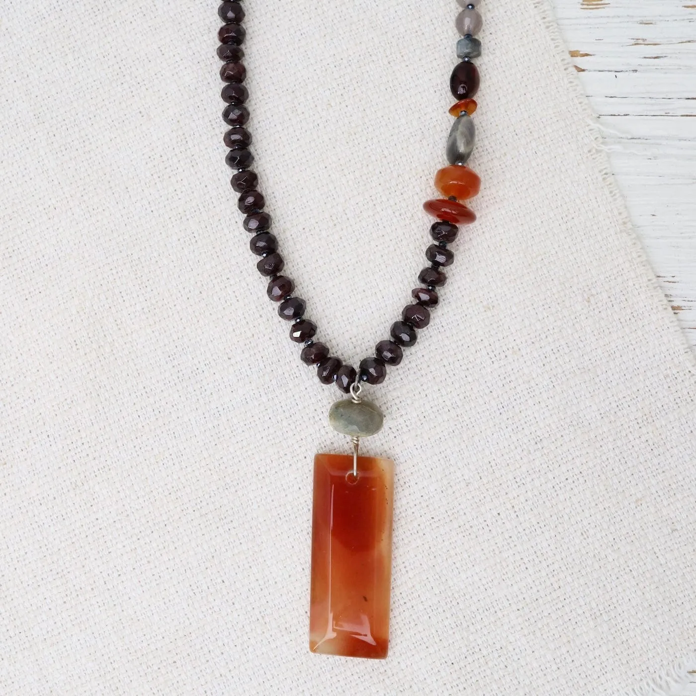 Garnet & Grey Onyx with Carnelian Pendant Necklace