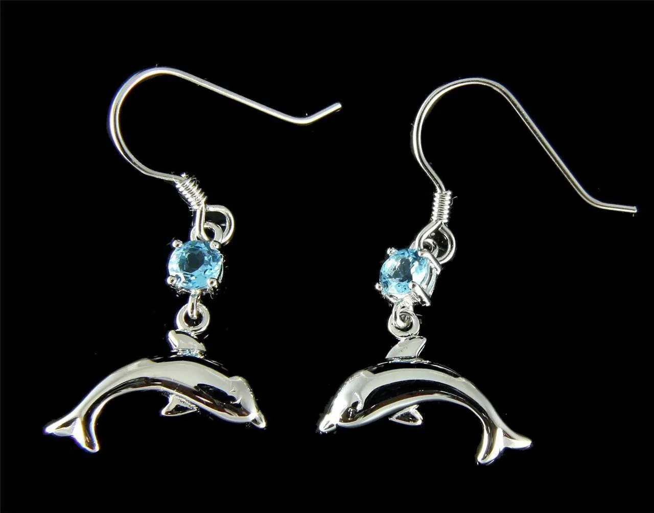 GENUINE BLUE TOPAZ SILVER 925 HAWAIIAN DOLPHIN PENDANT HOOK EARRINGS SET RHODIUM (DJ-64)