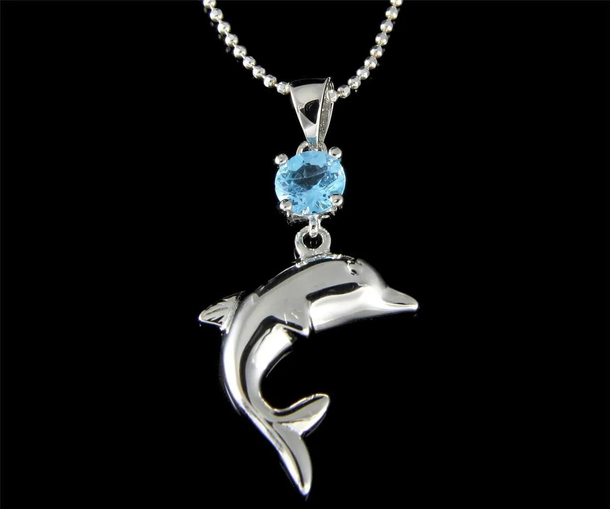 GENUINE BLUE TOPAZ SILVER 925 HAWAIIAN DOLPHIN PENDANT HOOK EARRINGS SET RHODIUM (DJ-64)