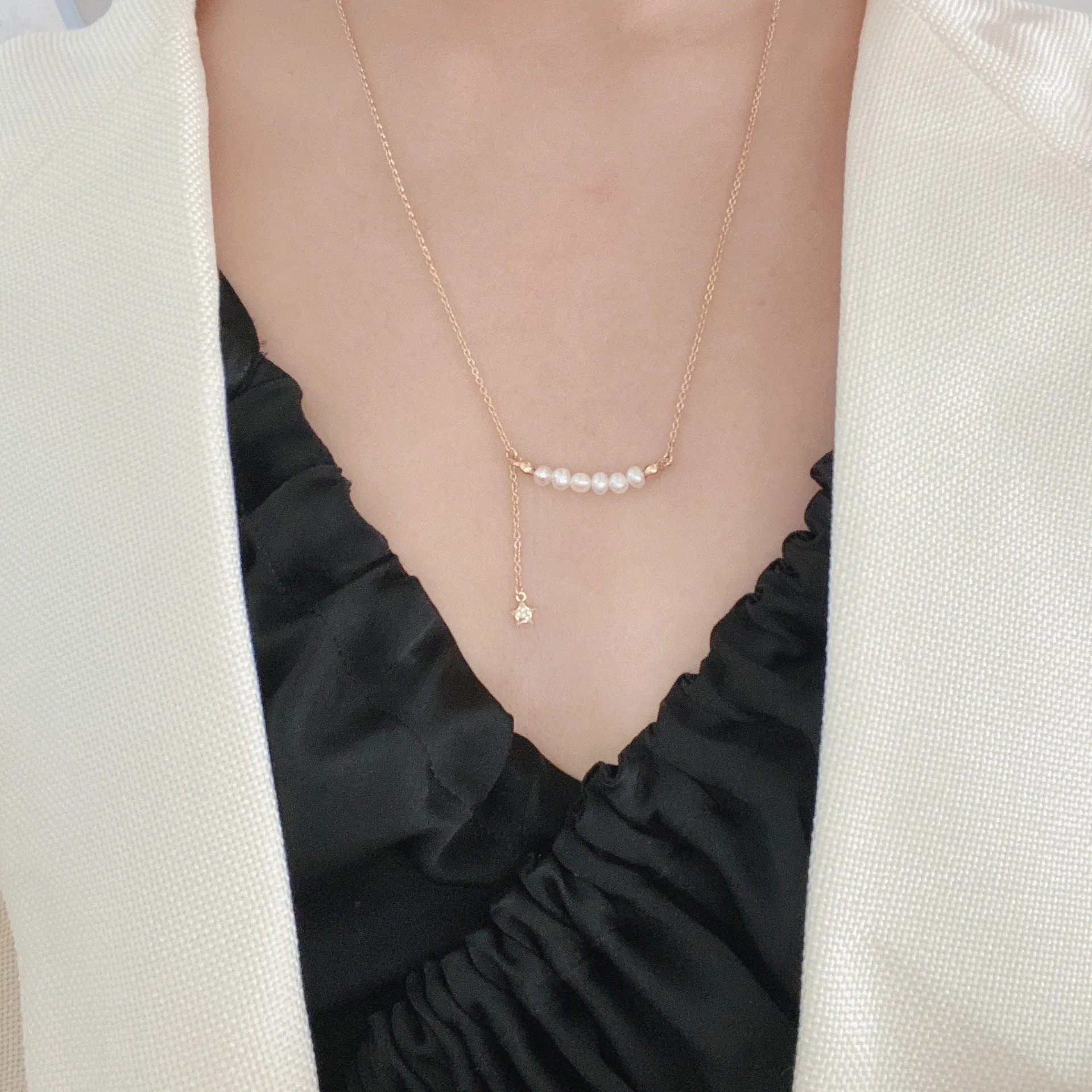 Gold Pearl Line Necklace