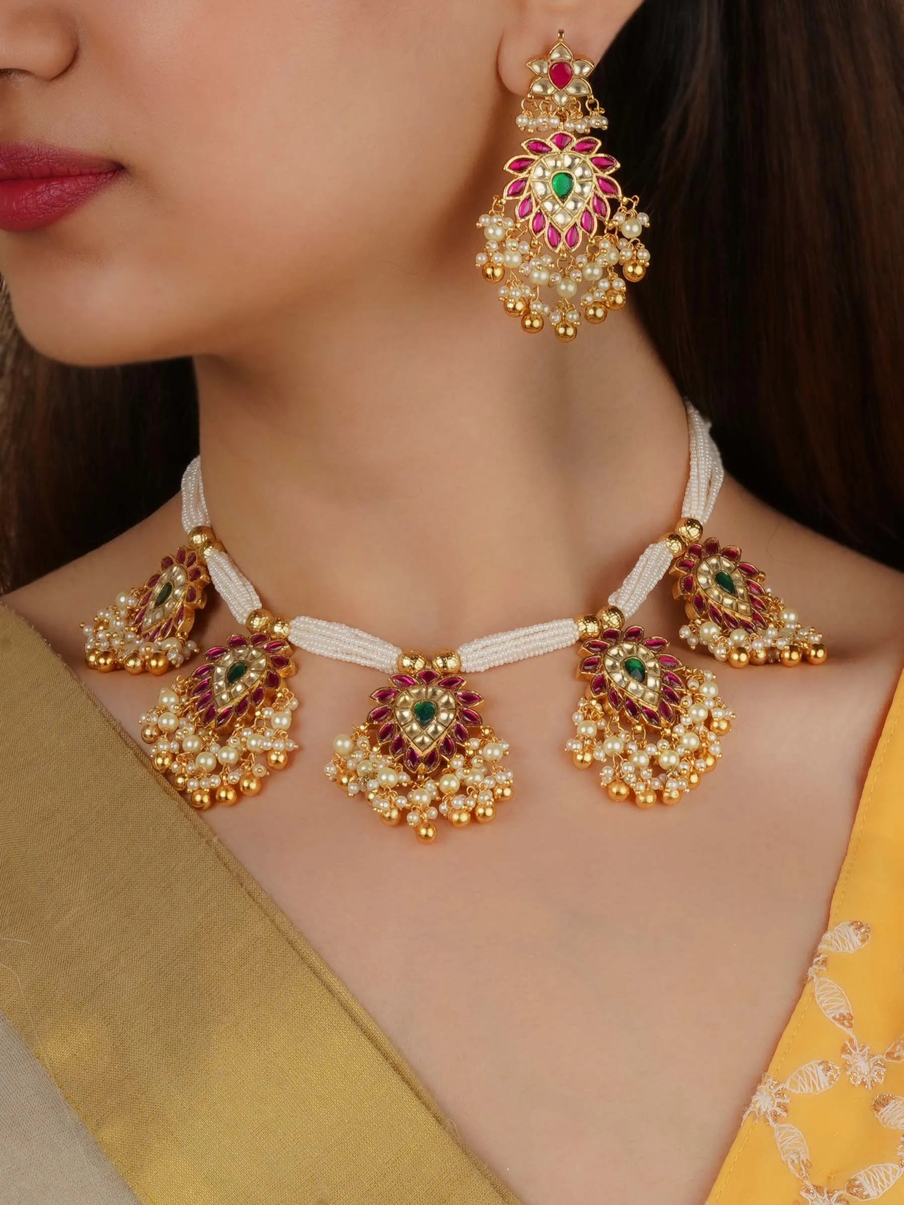 Gold Plated Jadau Kundan Necklace Set - MS2244