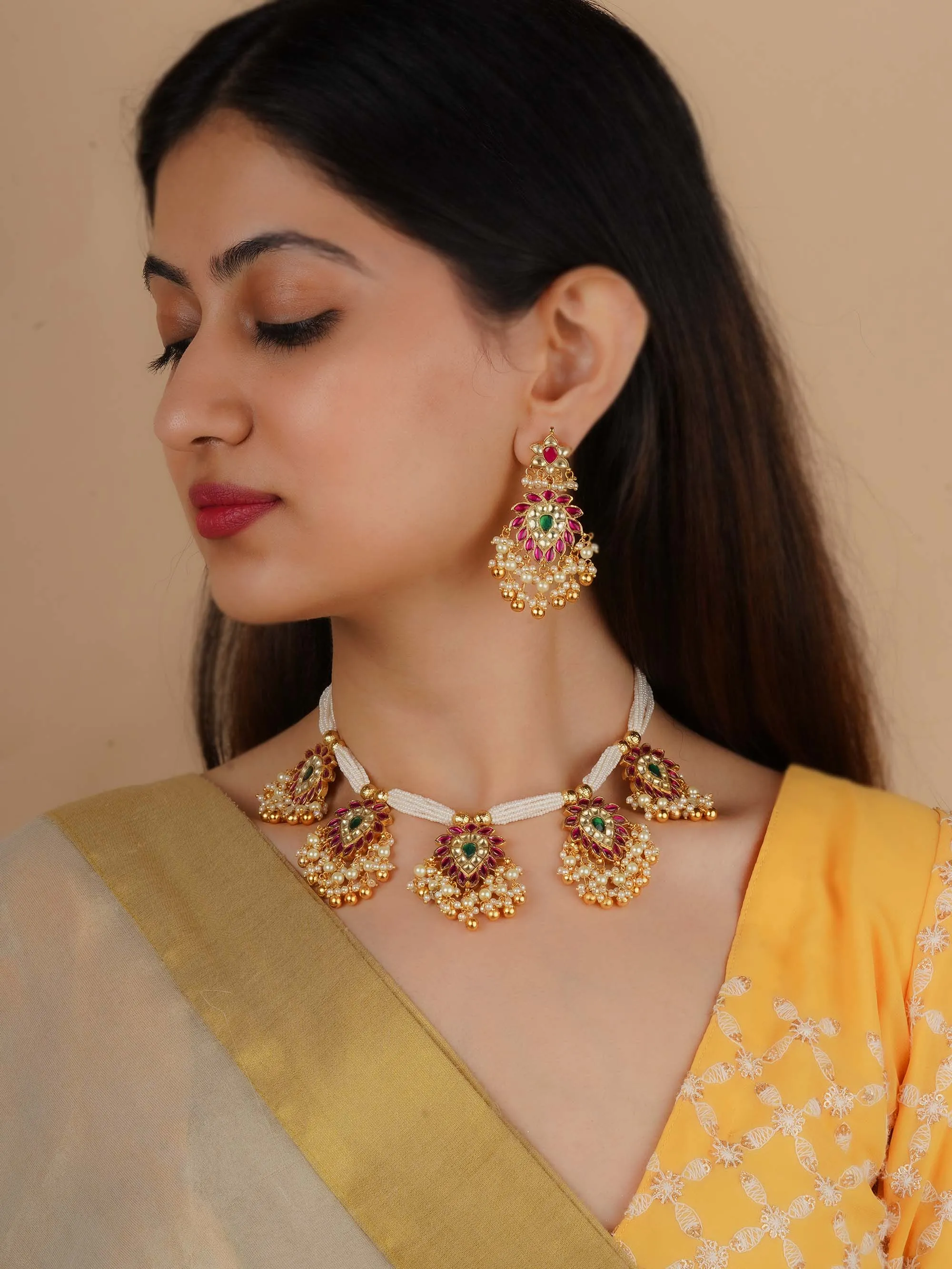 Gold Plated Jadau Kundan Necklace Set - MS2244