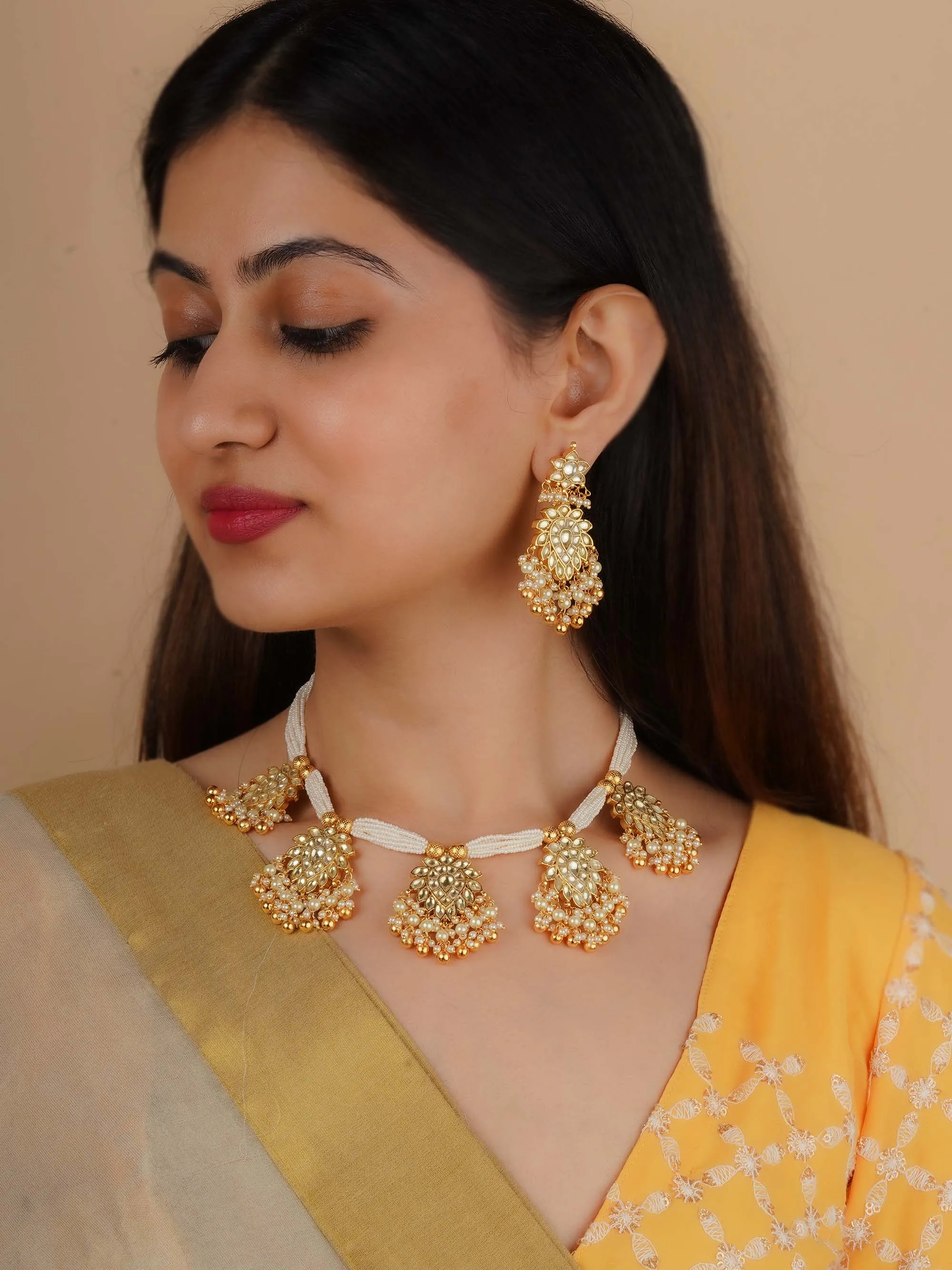 Gold Plated Jadau Kundan Necklace Set - MS2244