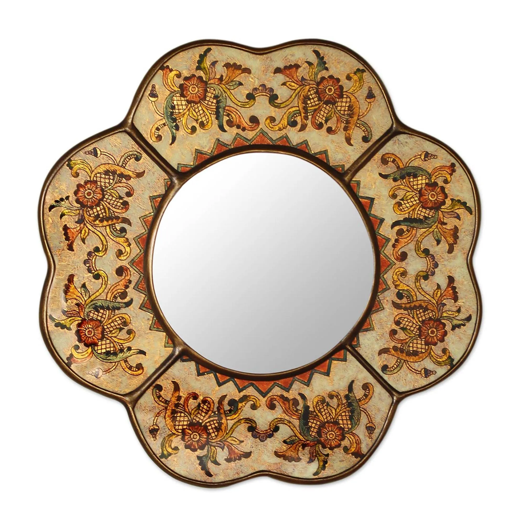Hand Made Reverse Painted Glass Mirror from Peru - Iridescent Cajamarca Blossom | NOVICA