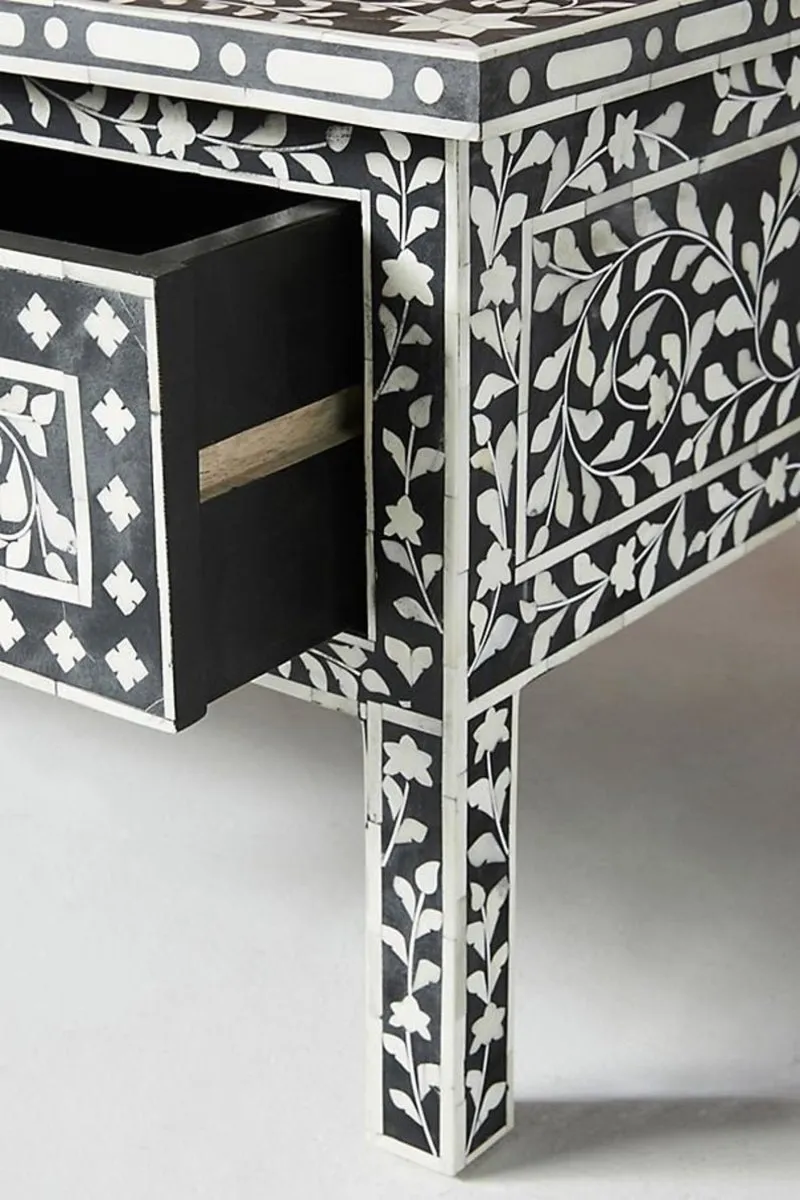 Handmade Bone Inlay Floral Design Two Drawers Small Coffee Table in Black Color