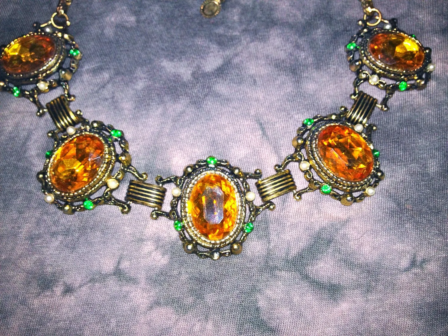 Incredible Victorian Bookchain Chunky Citrine & Peridot Crystal Choker Necklace