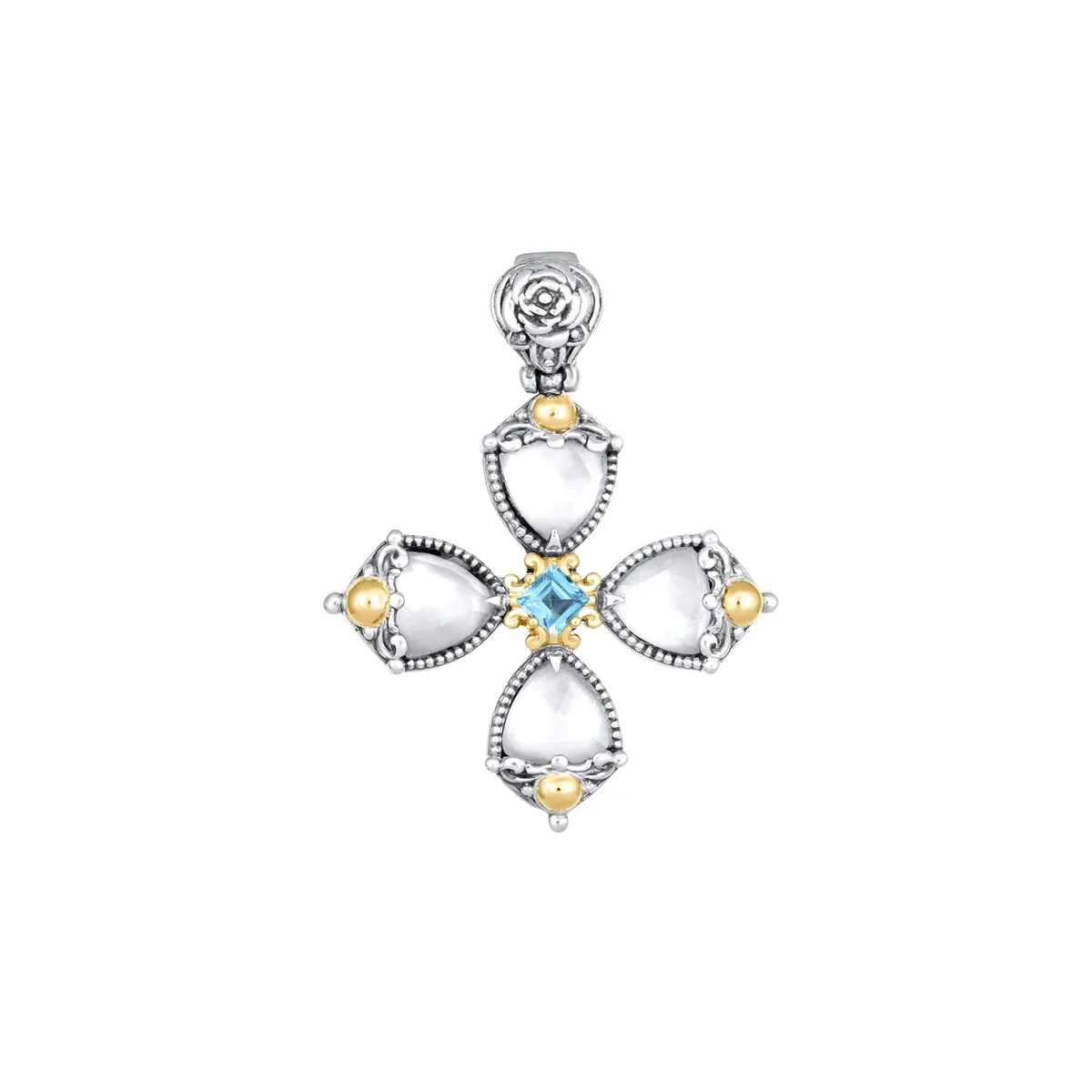 Konstantino Sterling Silver and 18K Yellow Gold Mother of Pearl Doublet and Topaz Cross Pendant