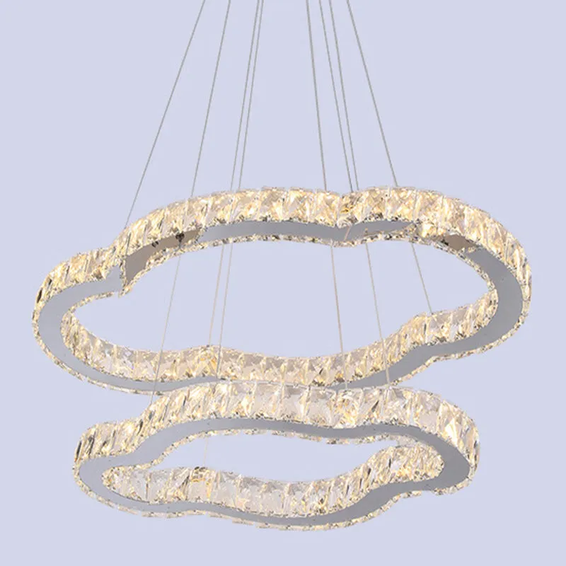 LED Chandelier with Inlaid Crystal Design, Chrome Finish, 2-Tier Cloud Shaped Pendant Light Kit â€“ Warm/White Light
