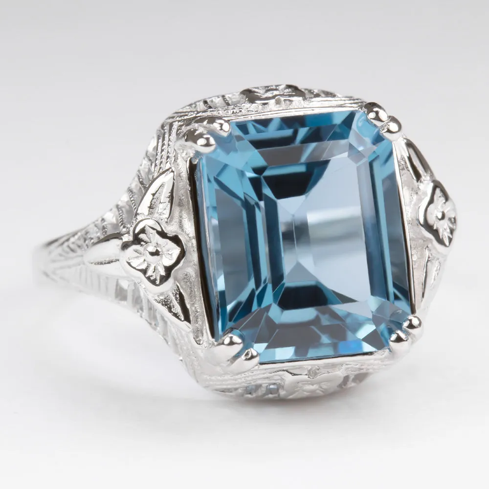 LONDON BLUE TOPAZ STERLING SILVER VINTAGE STYLE RING DECO EMERALD CUT FILIGREE