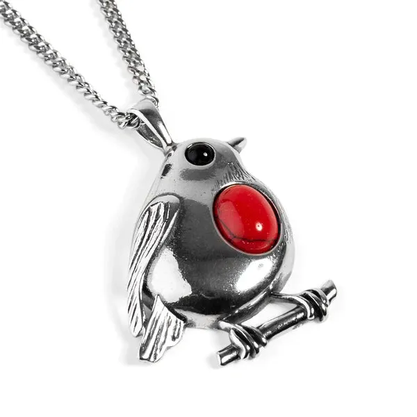 Miniature Robin Necklace With Silver And Coral