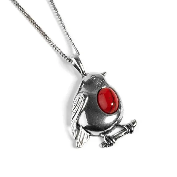 Miniature Robin Necklace With Silver And Coral