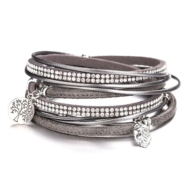 Multi-Layer Leather Tree of Life Crystal Bracelet Handmade