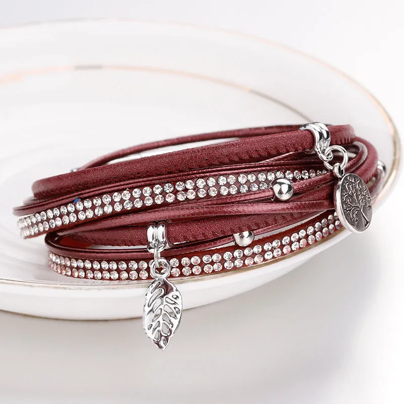 Multi-Layer Leather Tree of Life Crystal Bracelet Handmade