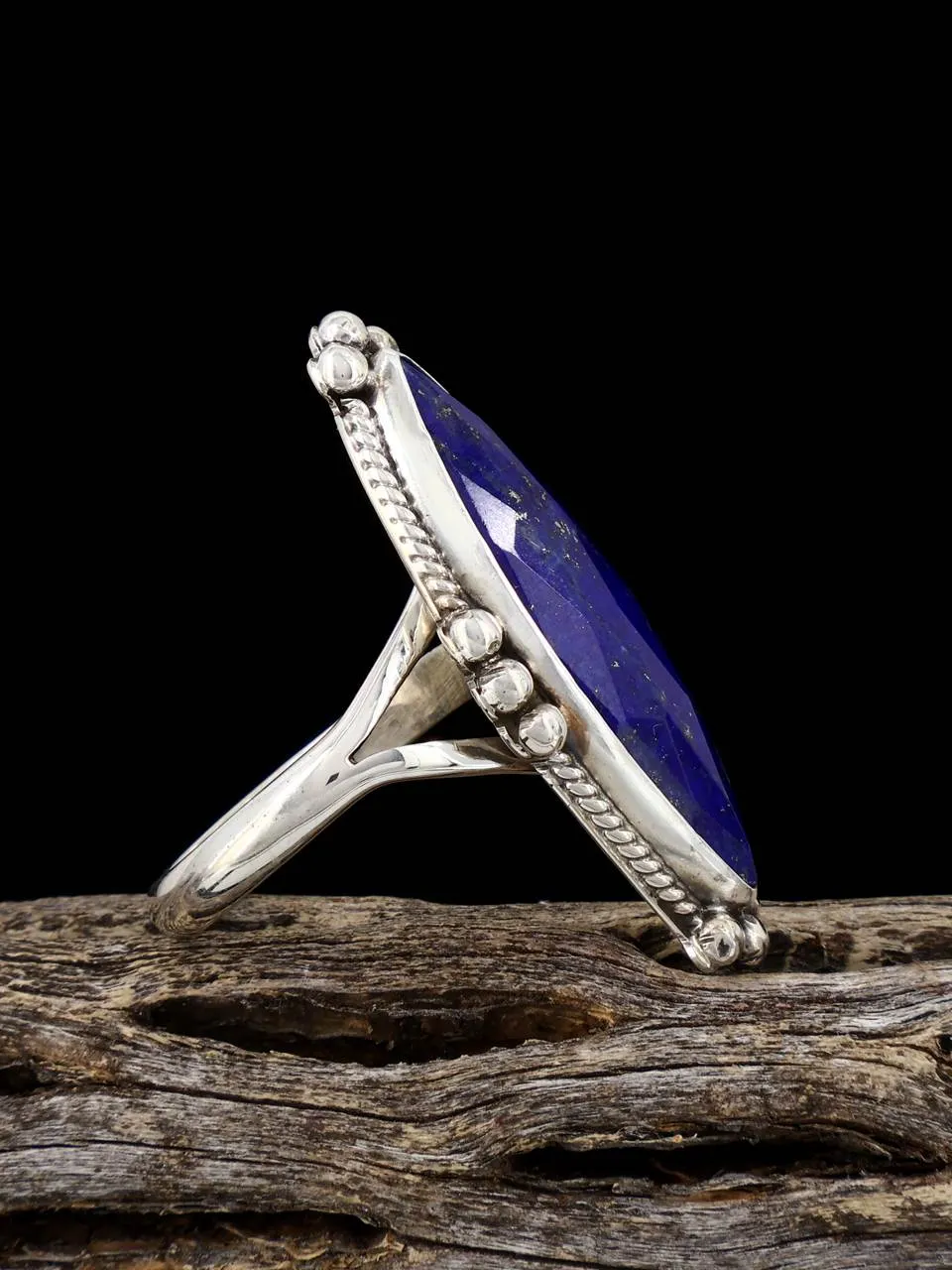 Native American Faceted Lapis Ring, Adjustable Size 9 - 11