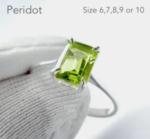 Peridot Ring, Faceted Oblong, 925 Sterling Silver