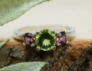 Peridot Ring, Natural Untreated Tanzania Peridot and Cranberry Garnet