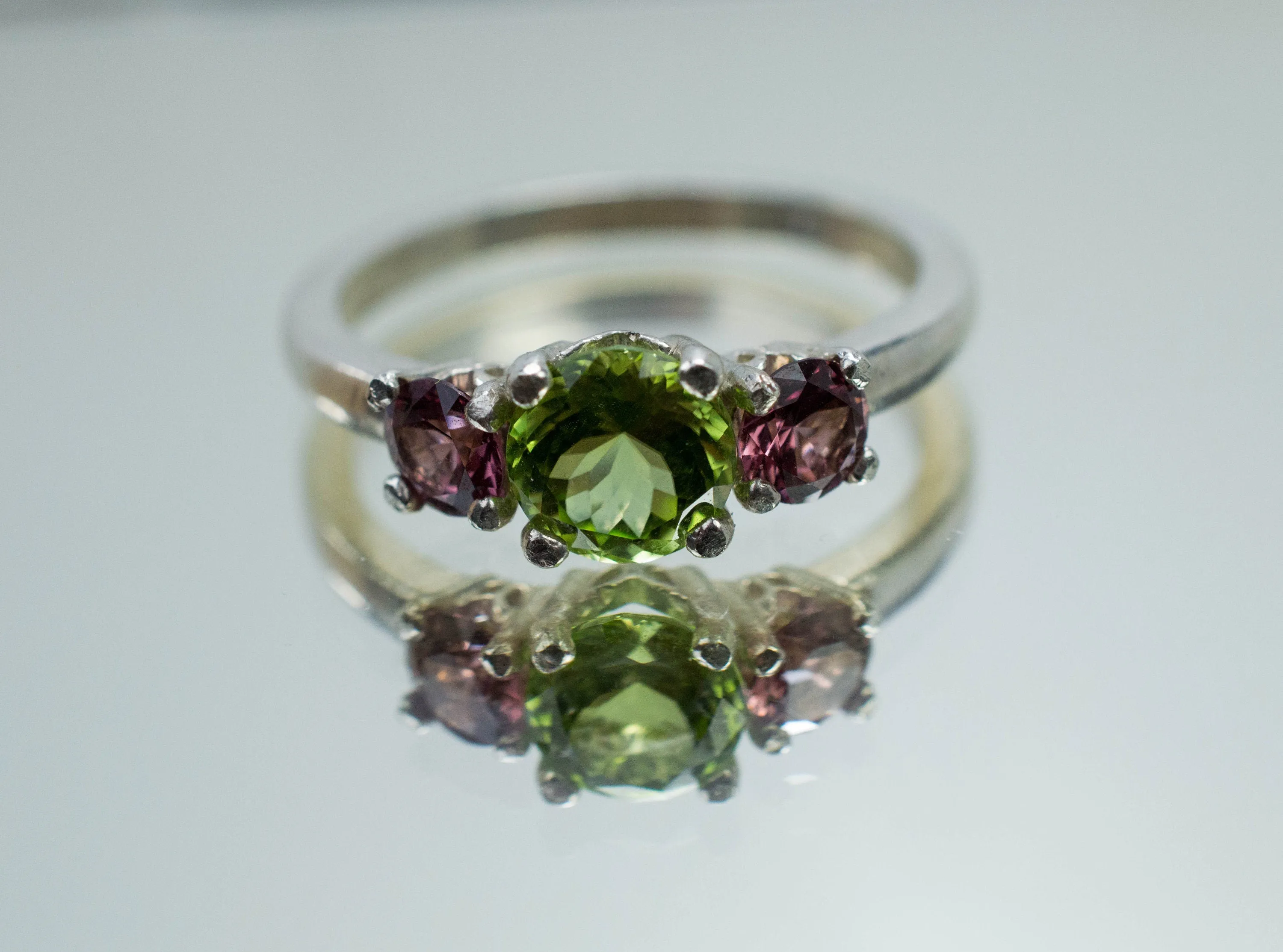 Peridot Ring, Natural Untreated Tanzania Peridot and Cranberry Garnet