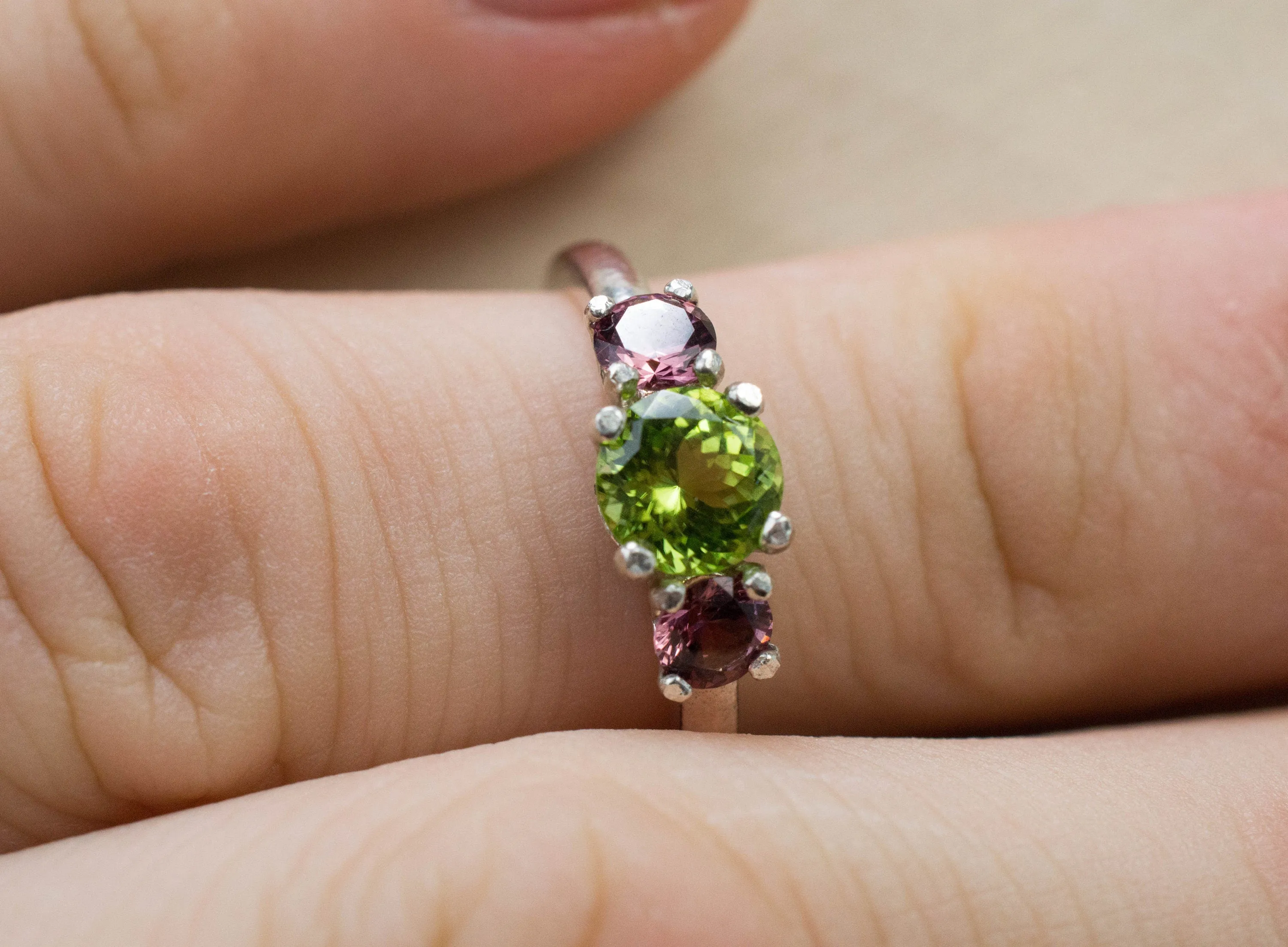 Peridot Ring, Natural Untreated Tanzania Peridot and Cranberry Garnet