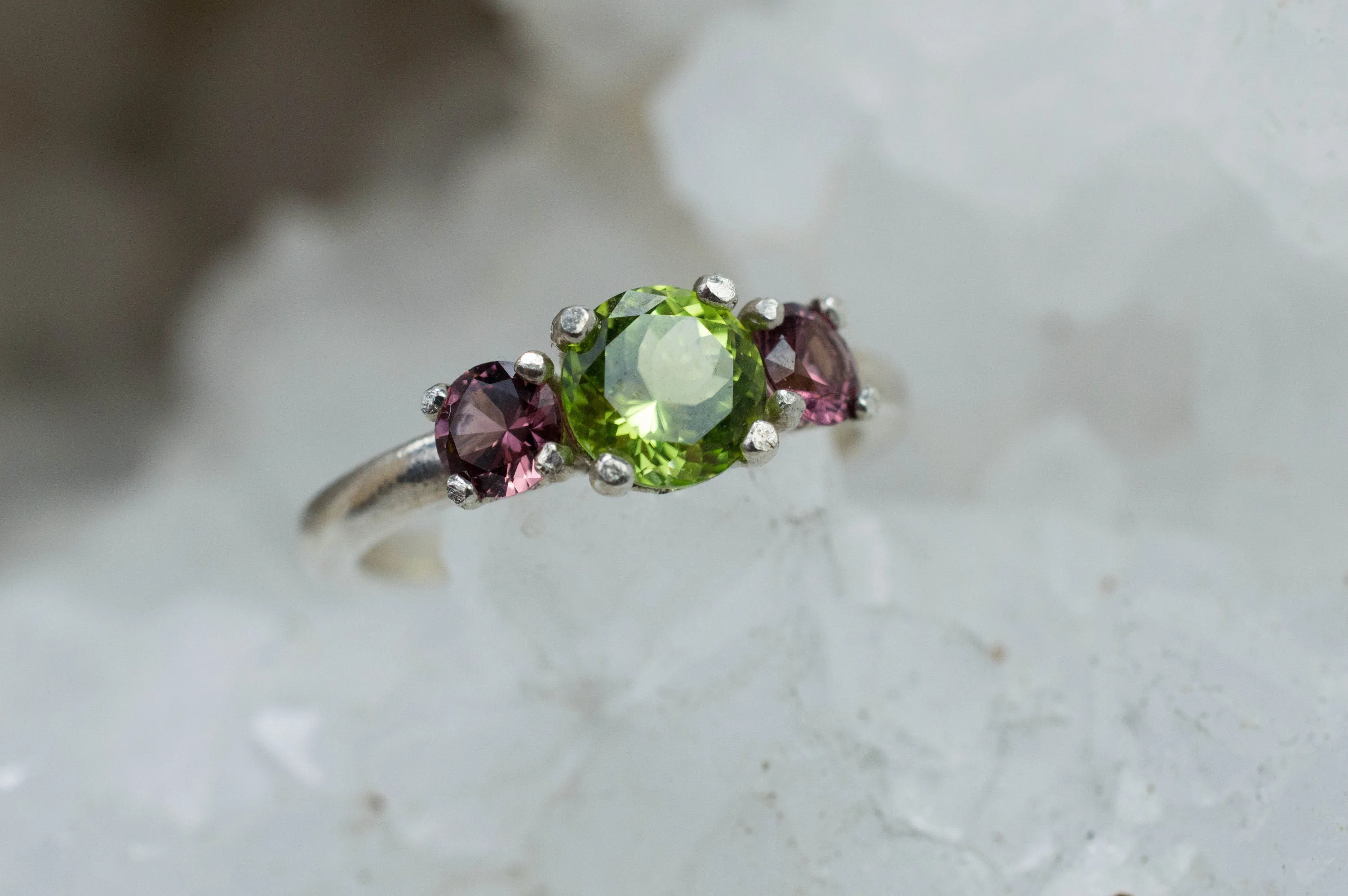 Peridot Ring, Natural Untreated Tanzania Peridot and Cranberry Garnet