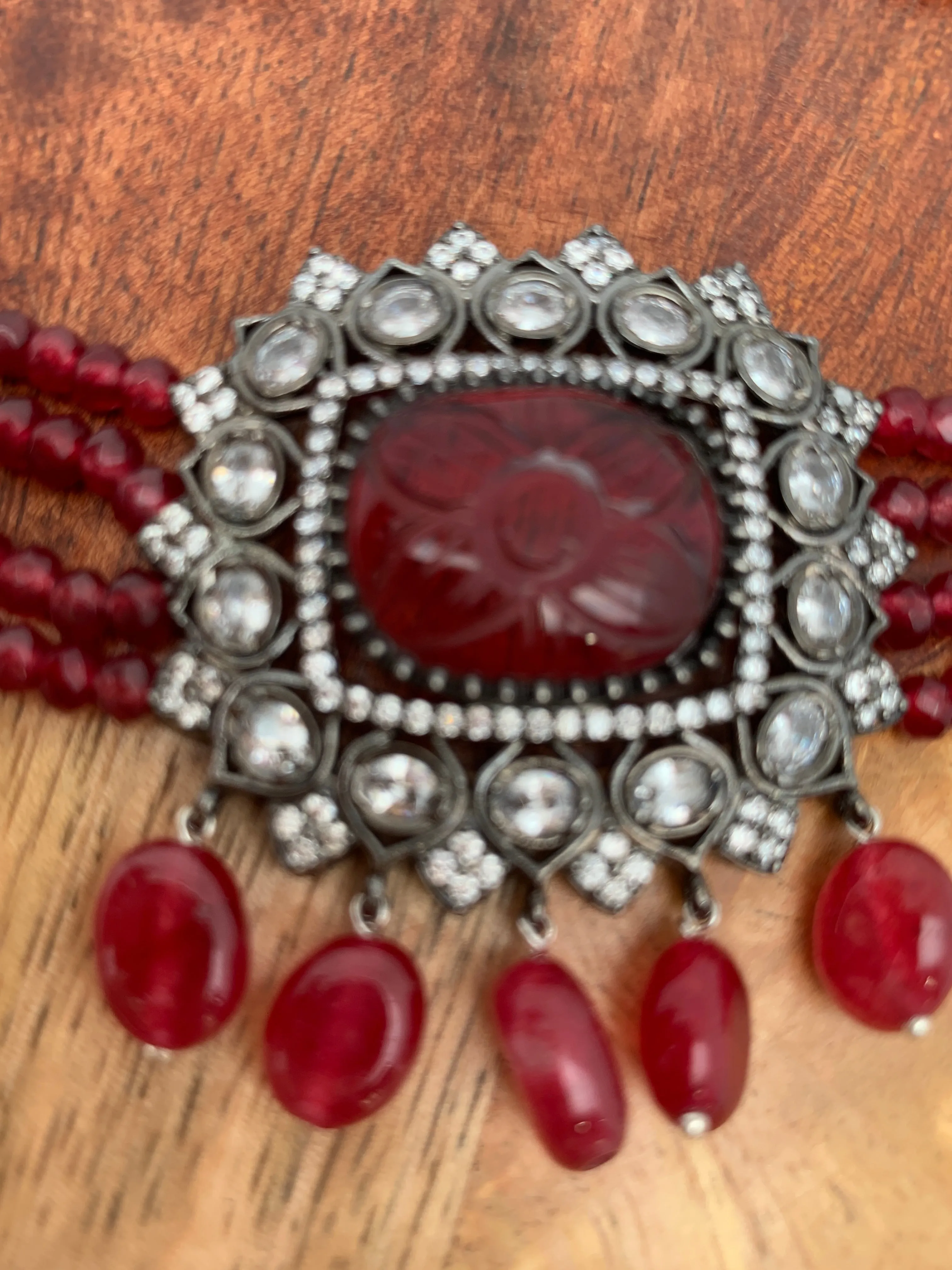 Pink Stone AD Victorian Polish Pendent Pink Onyx Beads Choker