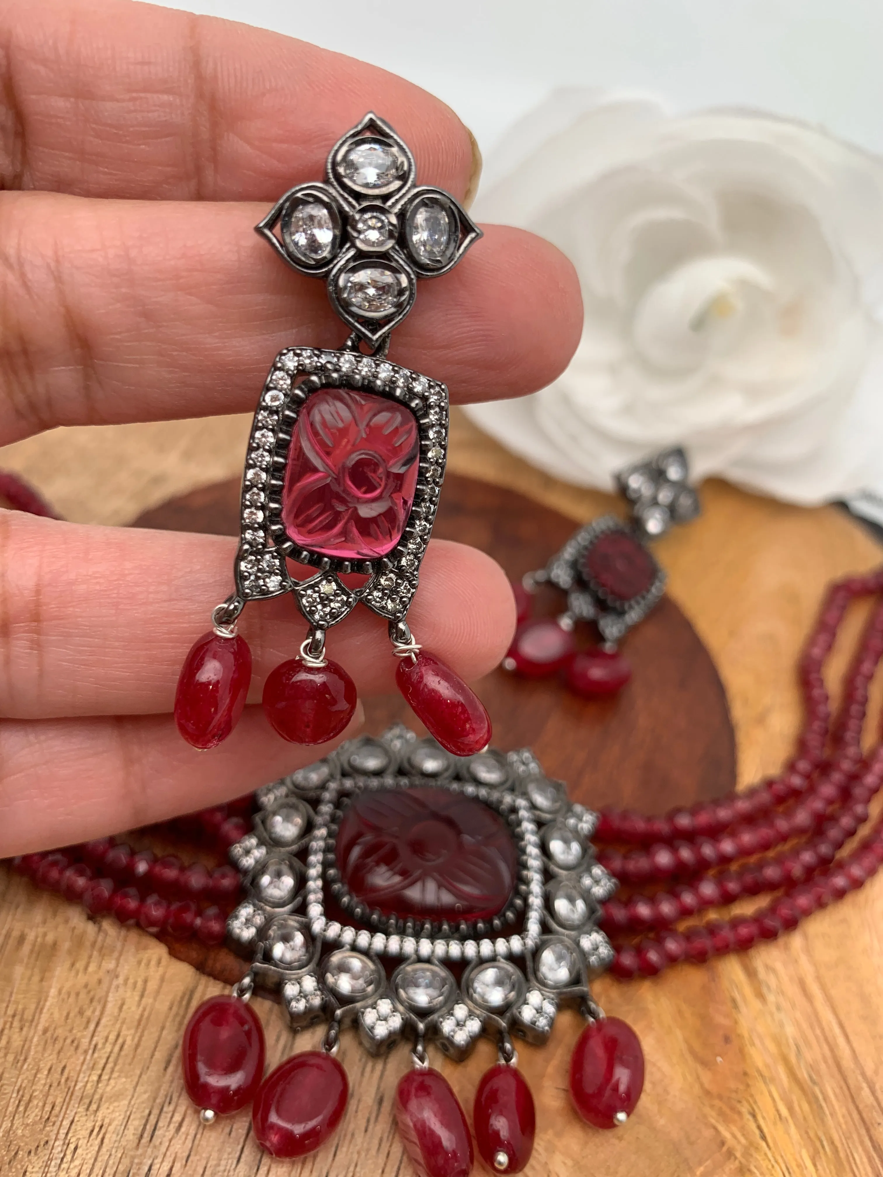 Pink Stone AD Victorian Polish Pendent Pink Onyx Beads Choker