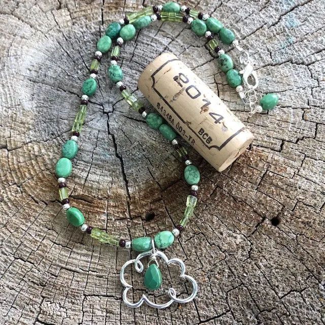 "Pray for Rain" silver cloud pendant necklace with turquoise and peridot