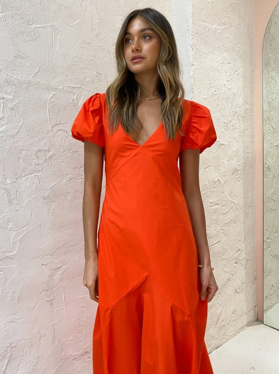 Sir Anja Panelled Midi Dress in Mandarin Red