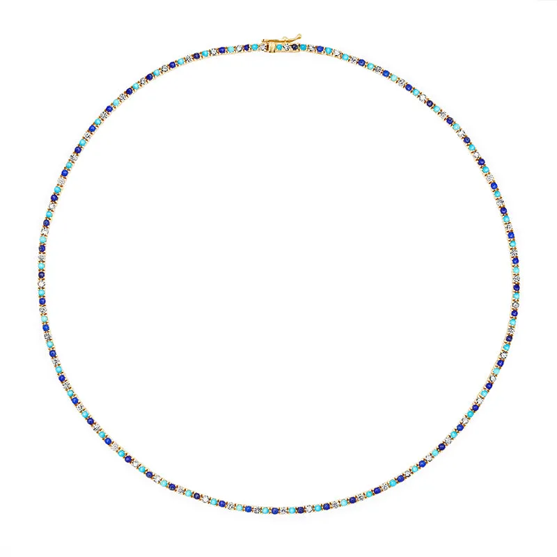 Small 4-Prong Diamond, Turquoise, and Lapis Tennis Necklace