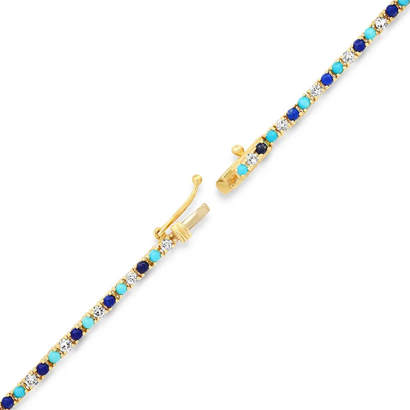 Small 4-Prong Diamond, Turquoise, and Lapis Tennis Necklace