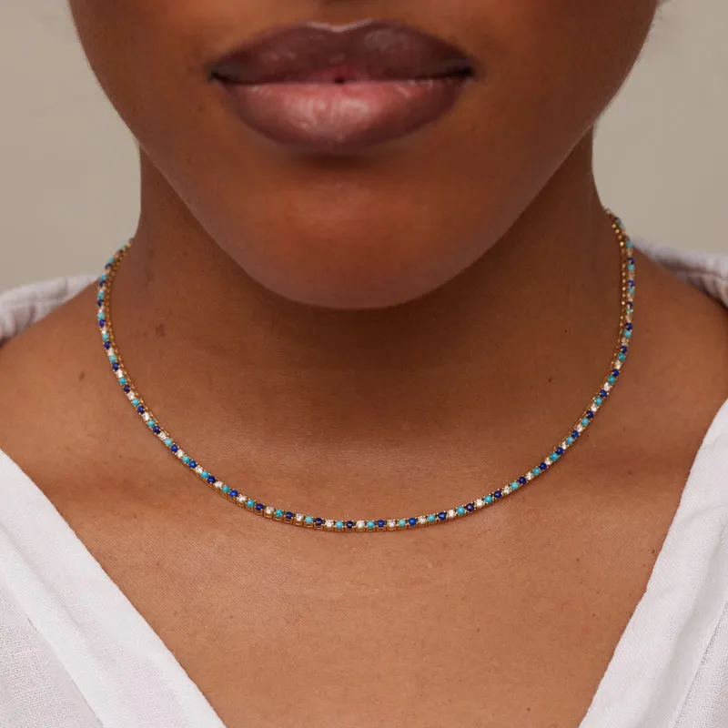 Small 4-Prong Diamond, Turquoise, and Lapis Tennis Necklace