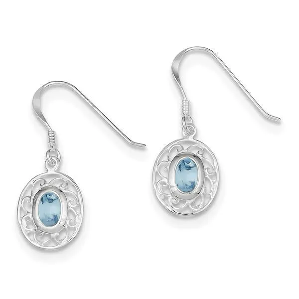 Sterling Silver Filigree Genuine Blue Topaz Oval Dangle Earrings