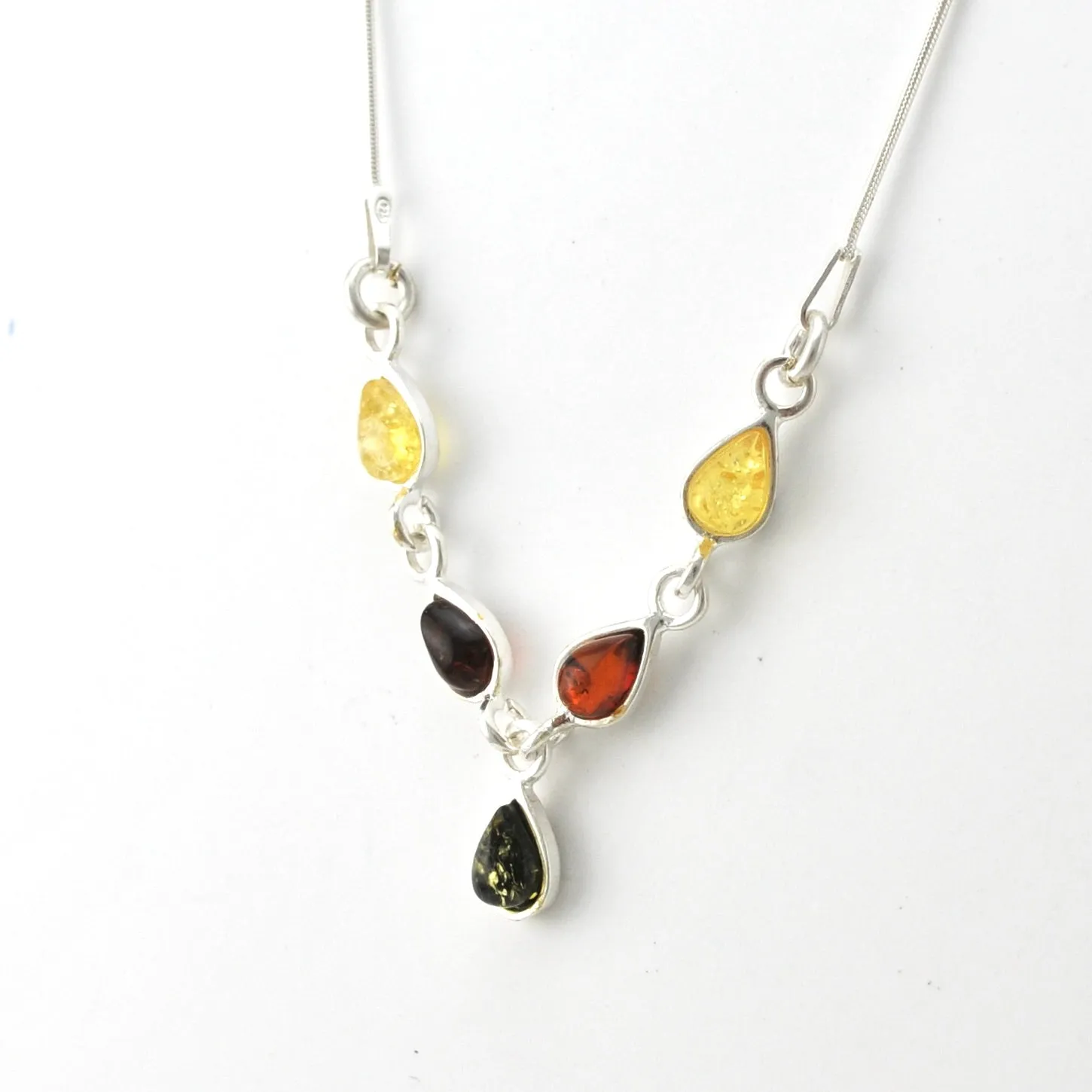 Sterling Silver Multicolored Amber Teardrop Necklace