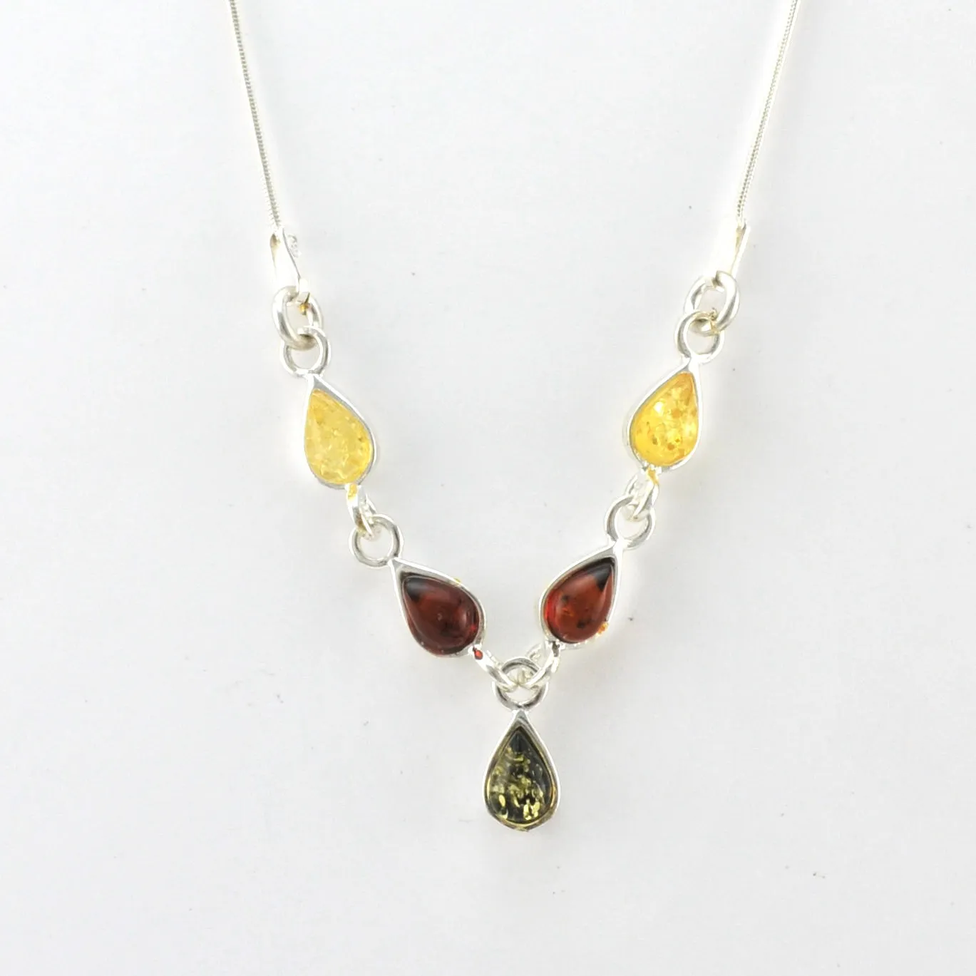 Sterling Silver Multicolored Amber Teardrop Necklace
