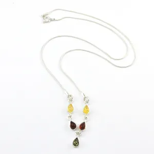 Sterling Silver Multicolored Amber Teardrop Necklace