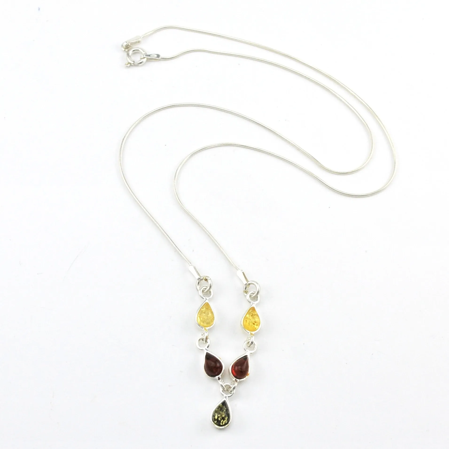 Sterling Silver Multicolored Amber Teardrop Necklace