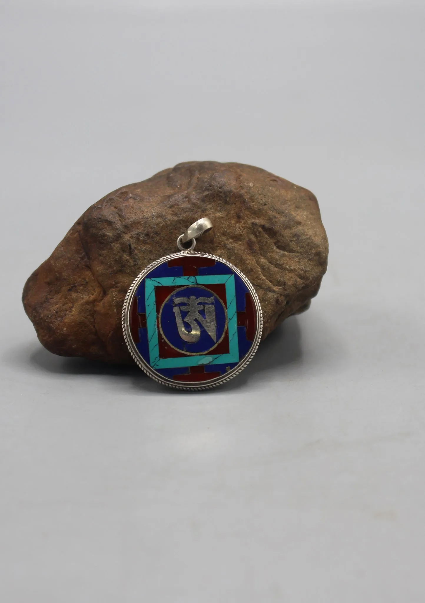 Sterling Silver Tibetan OM Pendant with Turquoise, Lapis and Coral resin