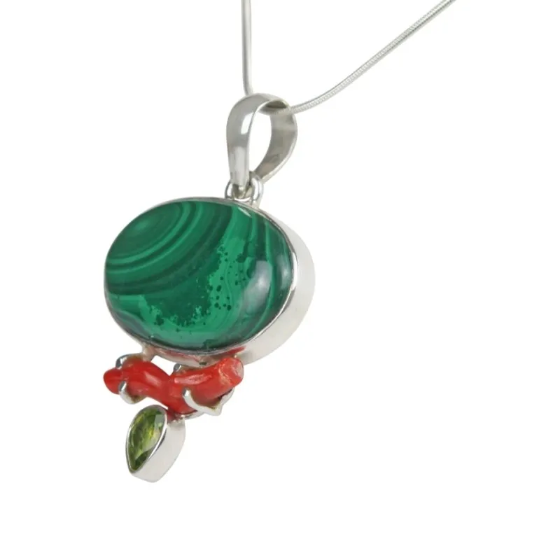 Sundari Jewellery Pretty Oval shaped Malachite Pendant set Accent with a Red Coral Branch and a Beautiful Faceted Peridot