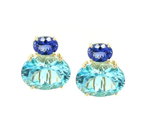 Tanzanite and Swiss Blue Topaz Earrings in 18k Yellow Gold with Omega Backs