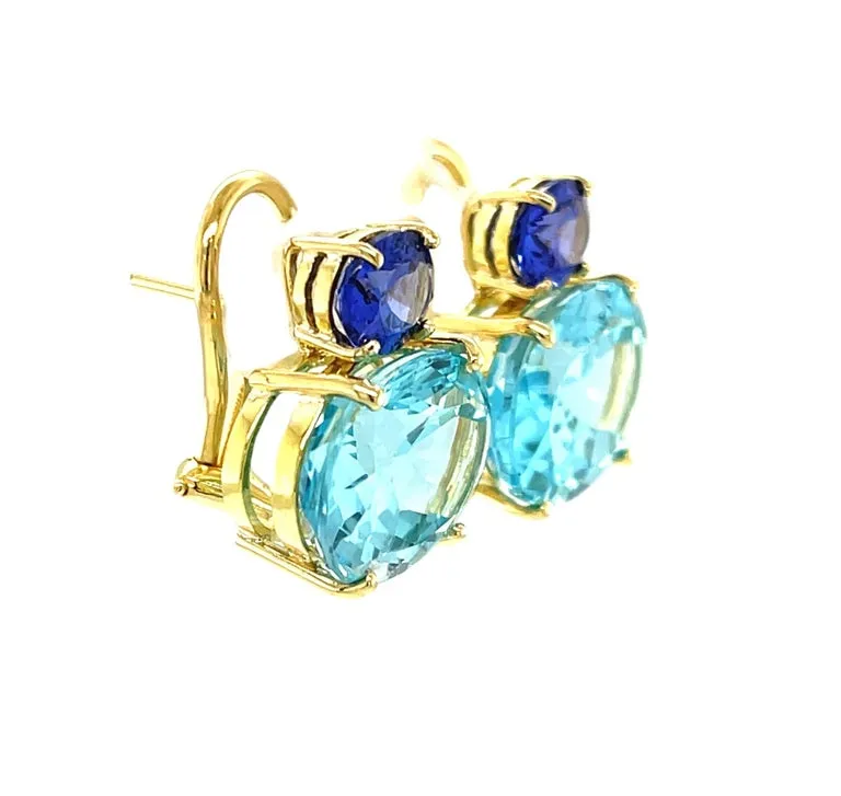 Tanzanite and Swiss Blue Topaz Earrings in 18k Yellow Gold with Omega Backs