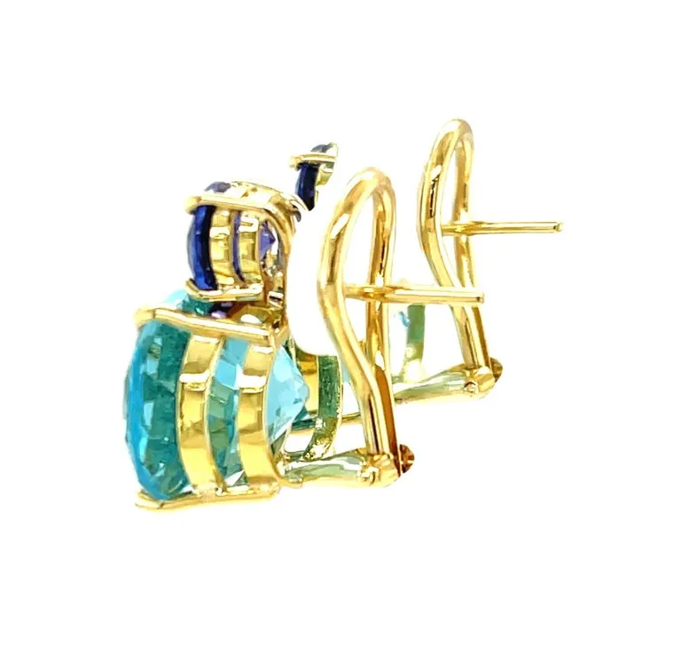 Tanzanite and Swiss Blue Topaz Earrings in 18k Yellow Gold with Omega Backs