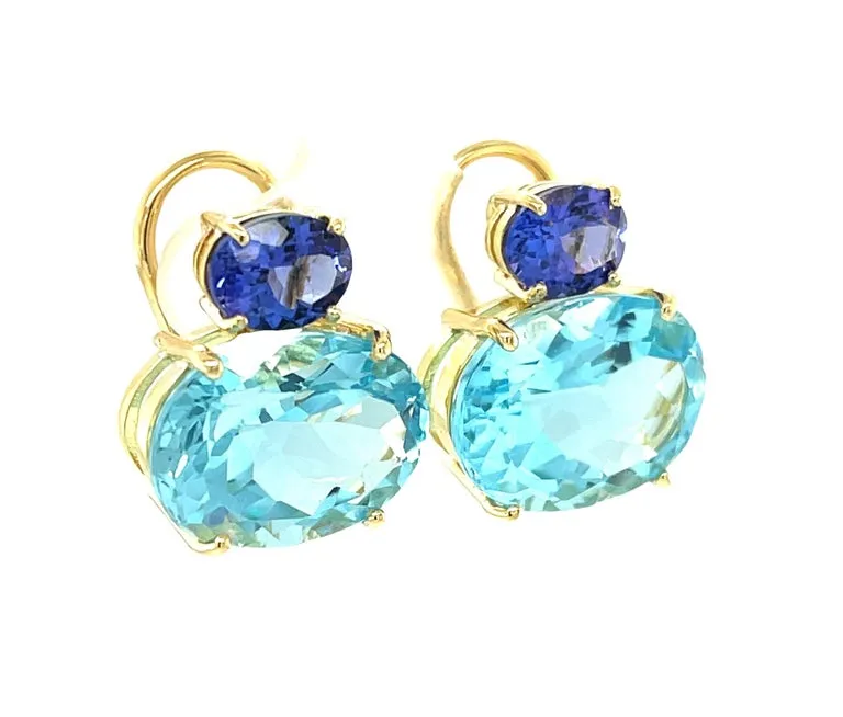 Tanzanite and Swiss Blue Topaz Earrings in 18k Yellow Gold with Omega Backs