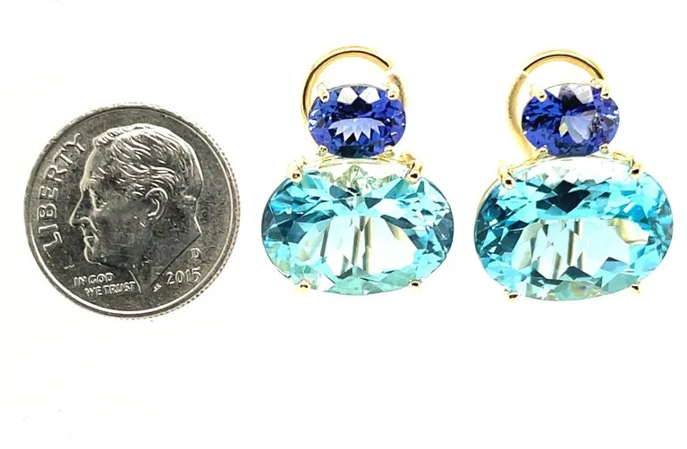 Tanzanite and Swiss Blue Topaz Earrings in 18k Yellow Gold with Omega Backs