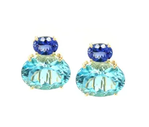 Tanzanite and Swiss Blue Topaz Earrings in 18k Yellow Gold with Omega Backs