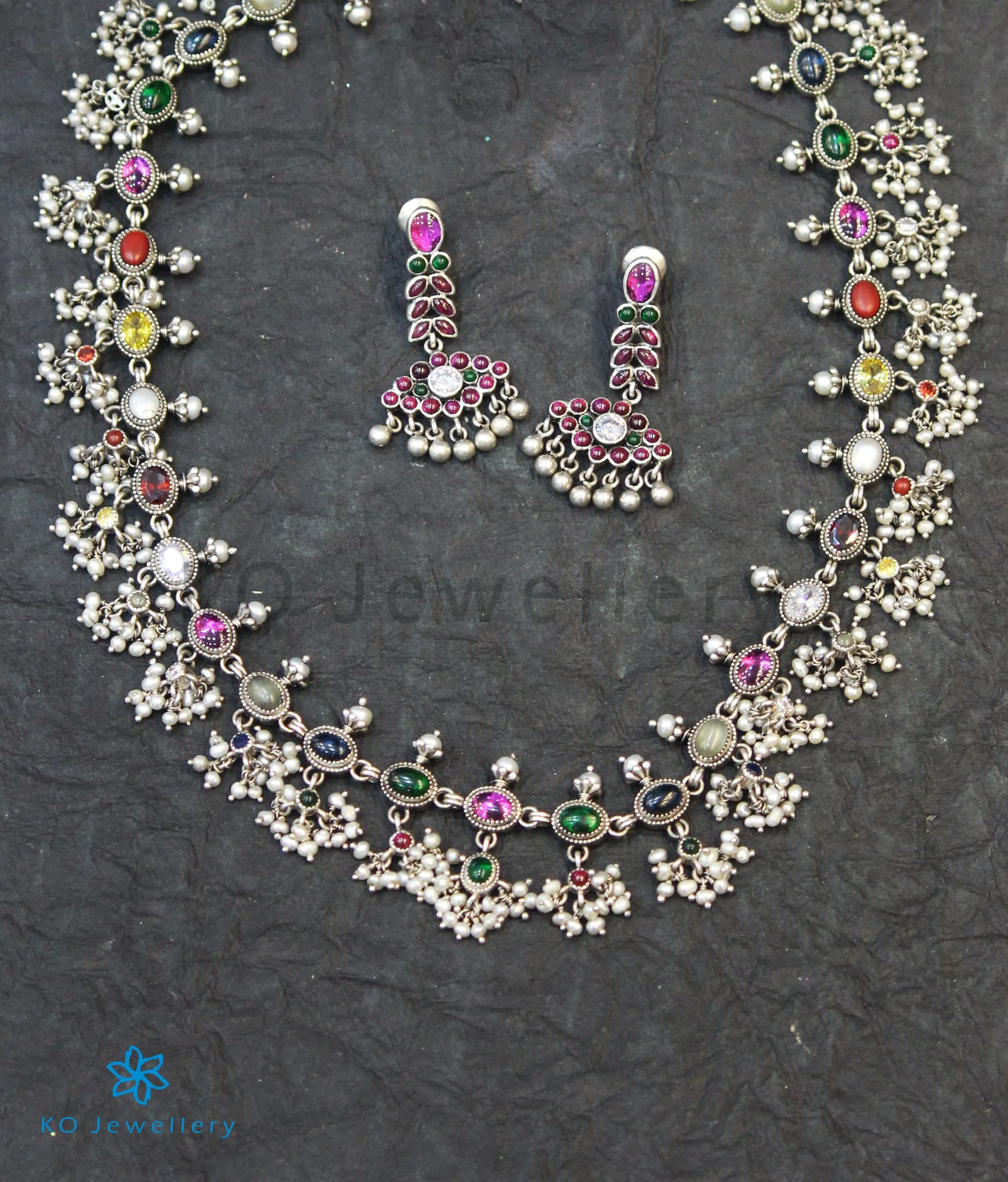 The Pranit Silver Navratna Necklace (Oxidised)