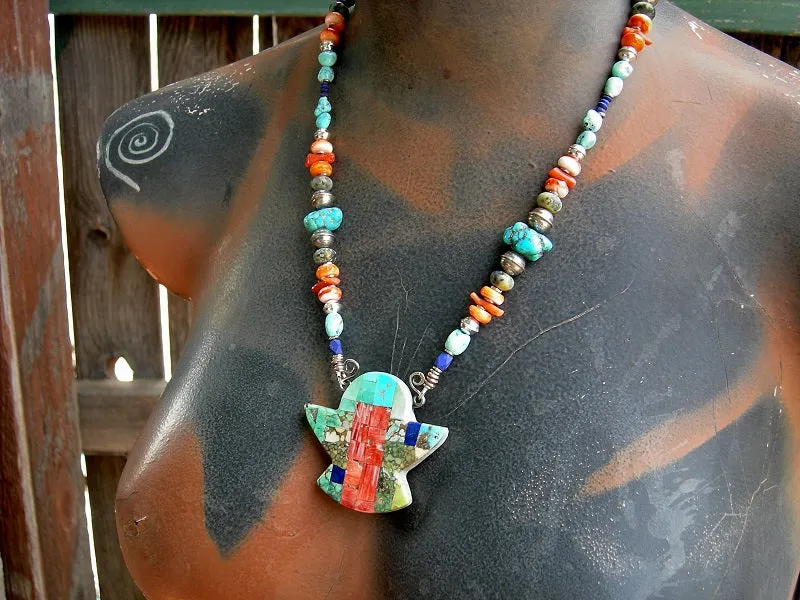 Thunder Bird Necklace, Hand Cut Mixed Turquoises, Lapis & Spiny Oyster