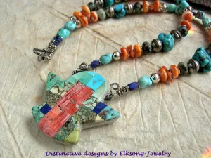 Thunder Bird Necklace, Hand Cut Mixed Turquoises, Lapis & Spiny Oyster