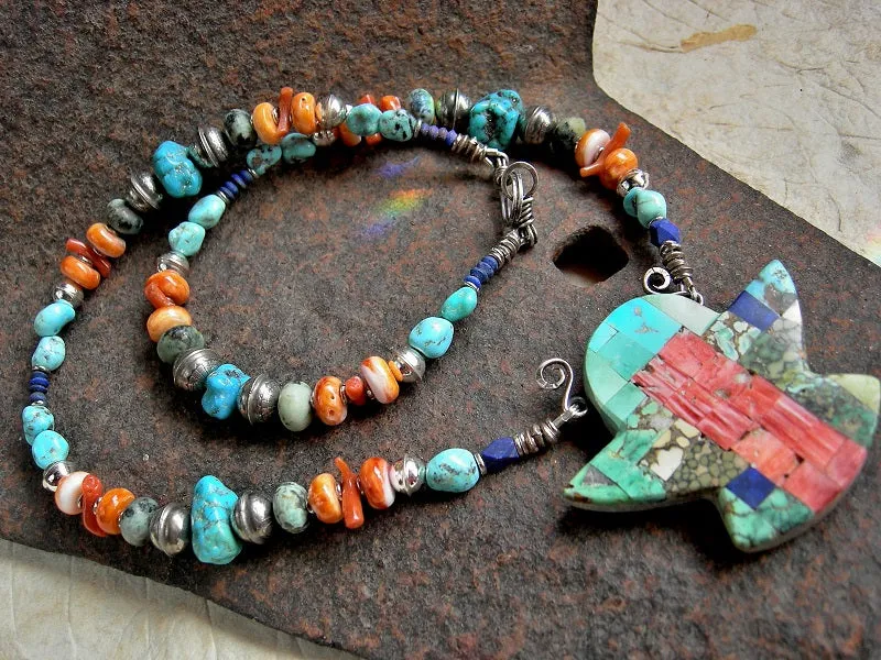 Thunder Bird Necklace, Hand Cut Mixed Turquoises, Lapis & Spiny Oyster